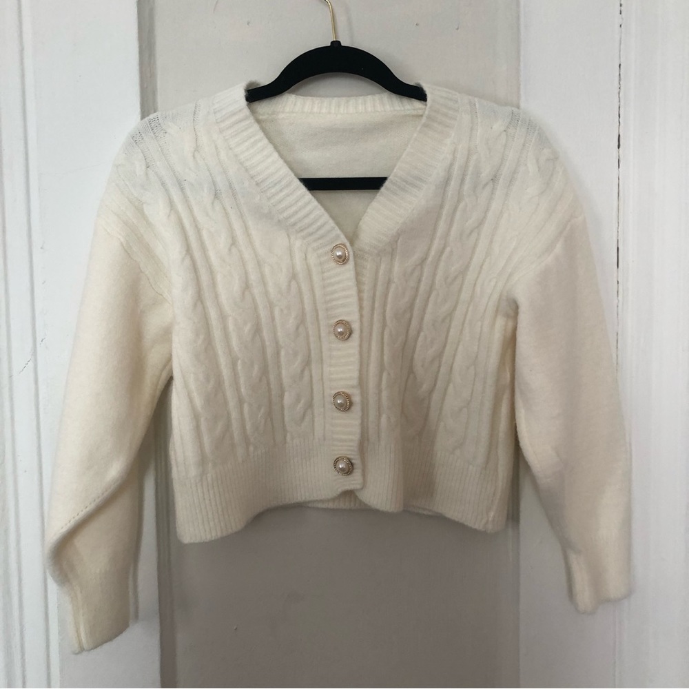 Cream Cable Knit V-Neck Button Front Cardigan